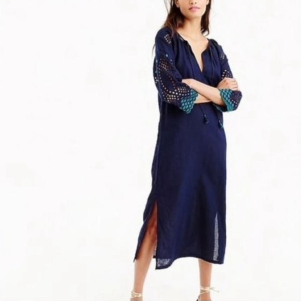 J. Crew Linen Blend Eyelet Caftan Embroidered Beach Cover-up Maxi Dress Small